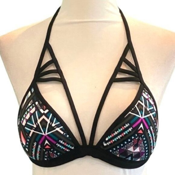 Pink Victoria's Secret Triangle Aztec Pattern Lattice Straps Bikini Top Size XS - Picture 1 of 5